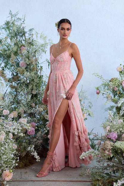 Women's Floral Corset Spaghetti Strap Ruffle Hem Side Slit Maxi Dress - product image 10