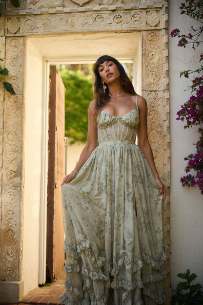 Women's Floral Corset Spaghetti Strap Ruffle Hem Side Slit Maxi Dress - product image 12
