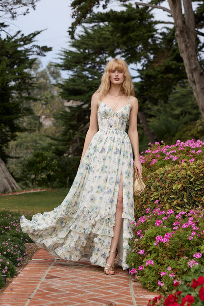 Women's Floral Corset Spaghetti Strap Ruffle Hem Side Slit Maxi Dress - product image 24