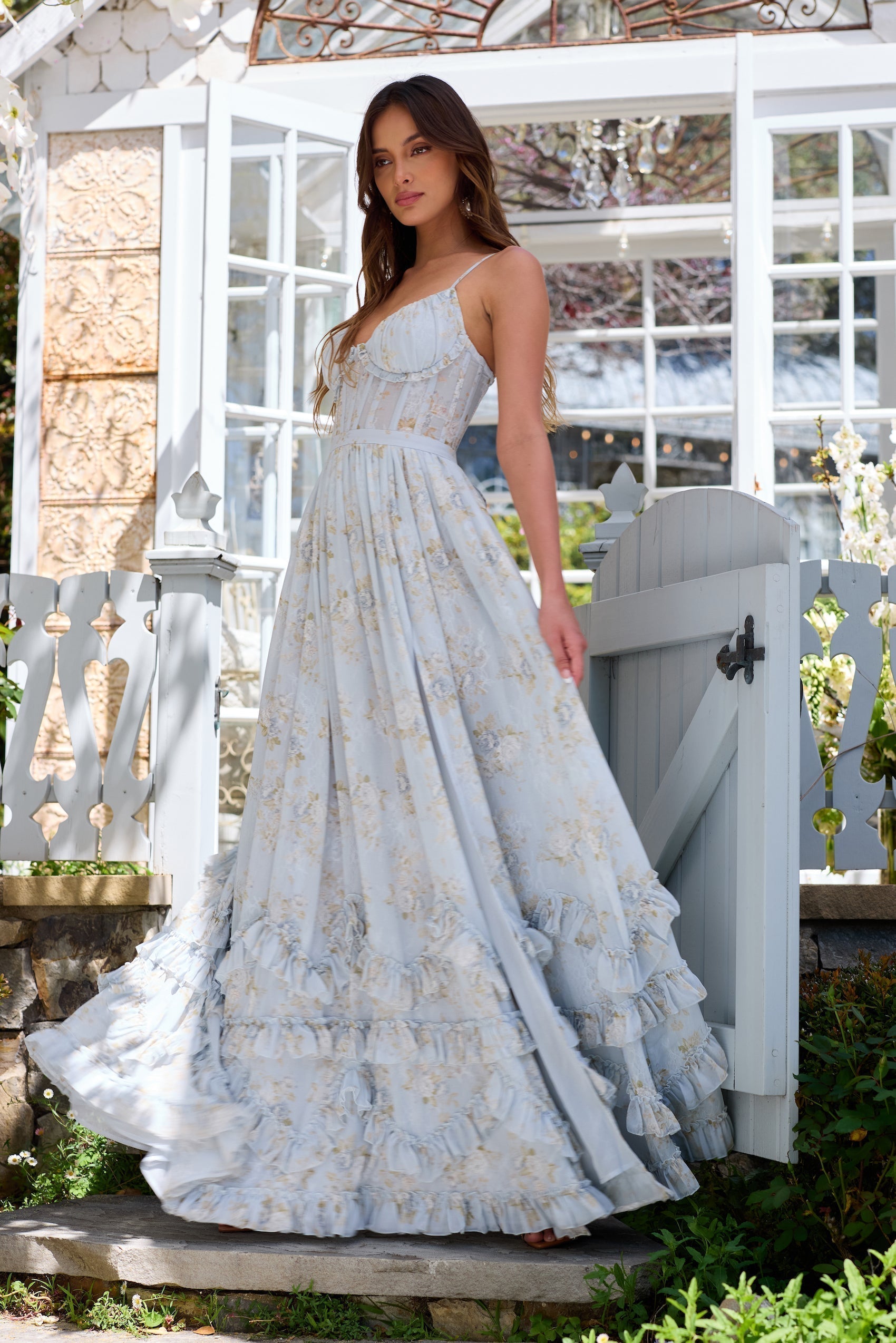 Women's Floral Corset Spaghetti Strap Ruffle Hem Side Slit Maxi Dress - product image 28