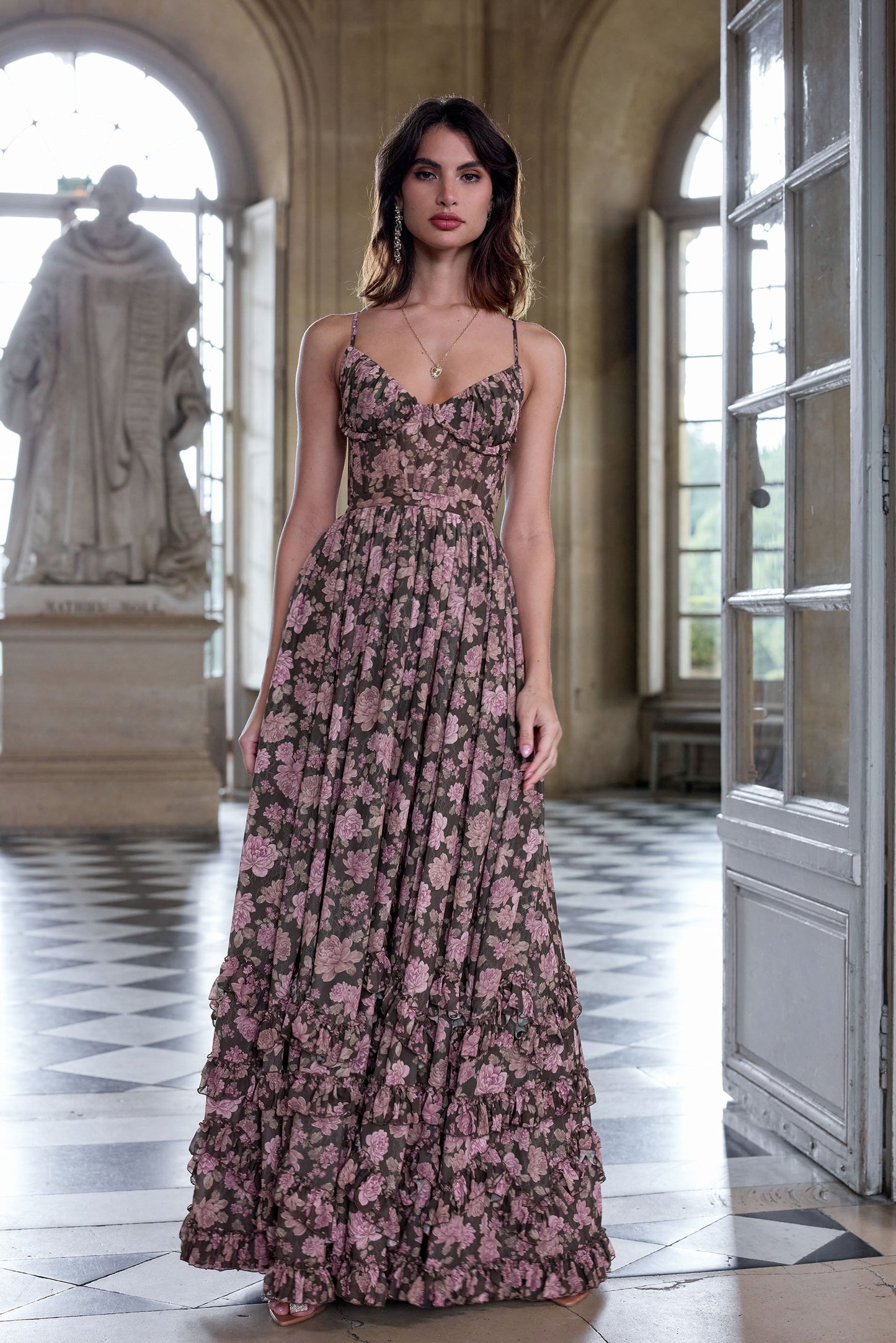 Women's Floral Corset Spaghetti Strap Ruffle Hem Side Slit Maxi Dress - product image 33
