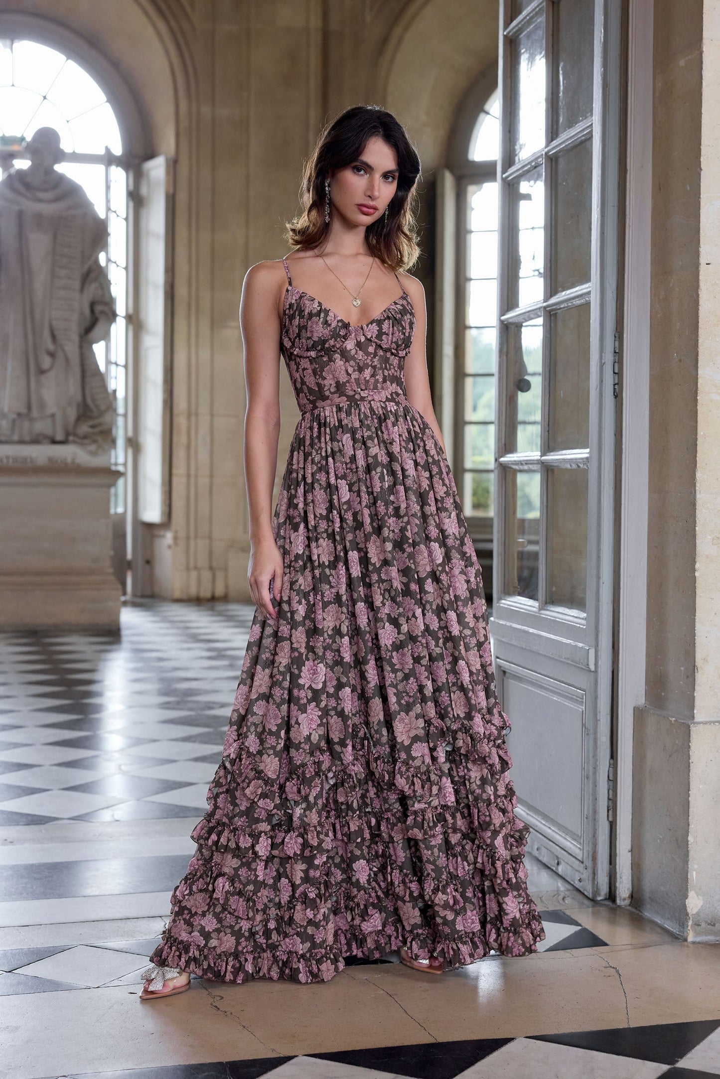 Women's Floral Corset Spaghetti Strap Ruffle Hem Side Slit Maxi Dress - product image 35