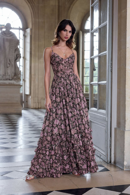 Women's Floral Corset Spaghetti Strap Ruffle Hem Side Slit Maxi Dress - product image 35
