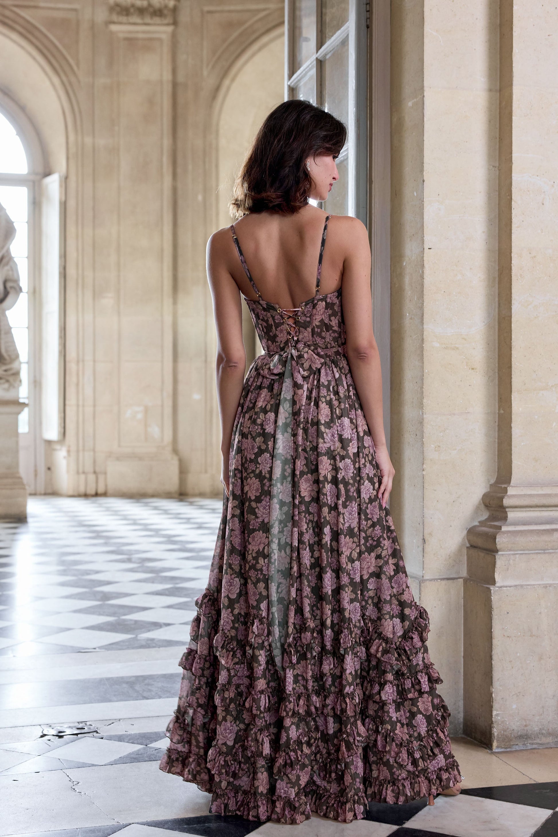 Women's Floral Corset Spaghetti Strap Ruffle Hem Side Slit Maxi Dress - product image 36