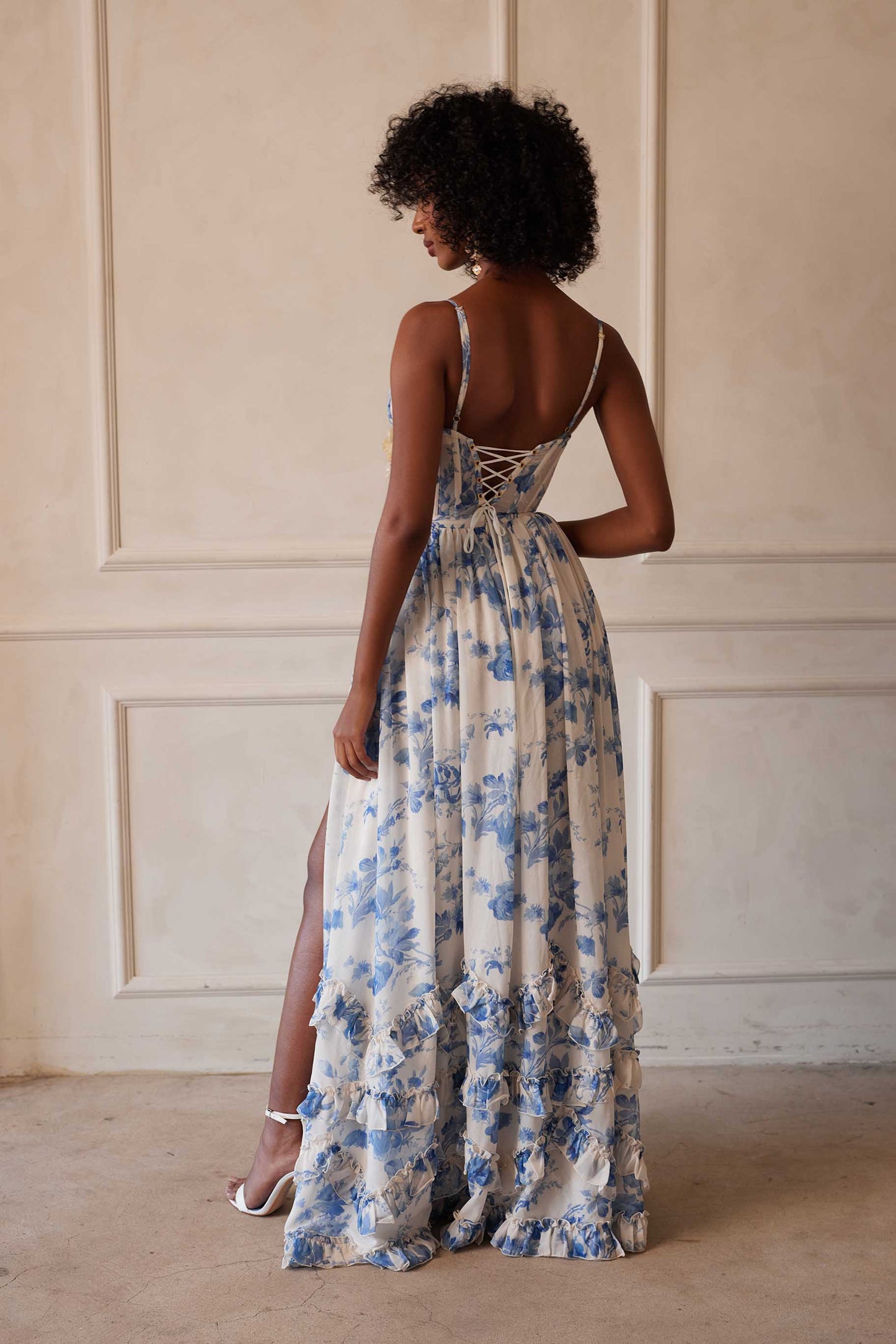 Women's Floral Corset Spaghetti Strap Ruffle Hem Side Slit Maxi Dress - product image 4