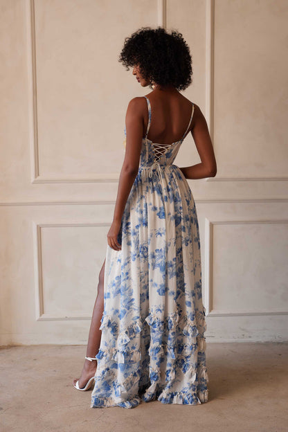 Women's Floral Corset Spaghetti Strap Ruffle Hem Side Slit Maxi Dress - product image 4