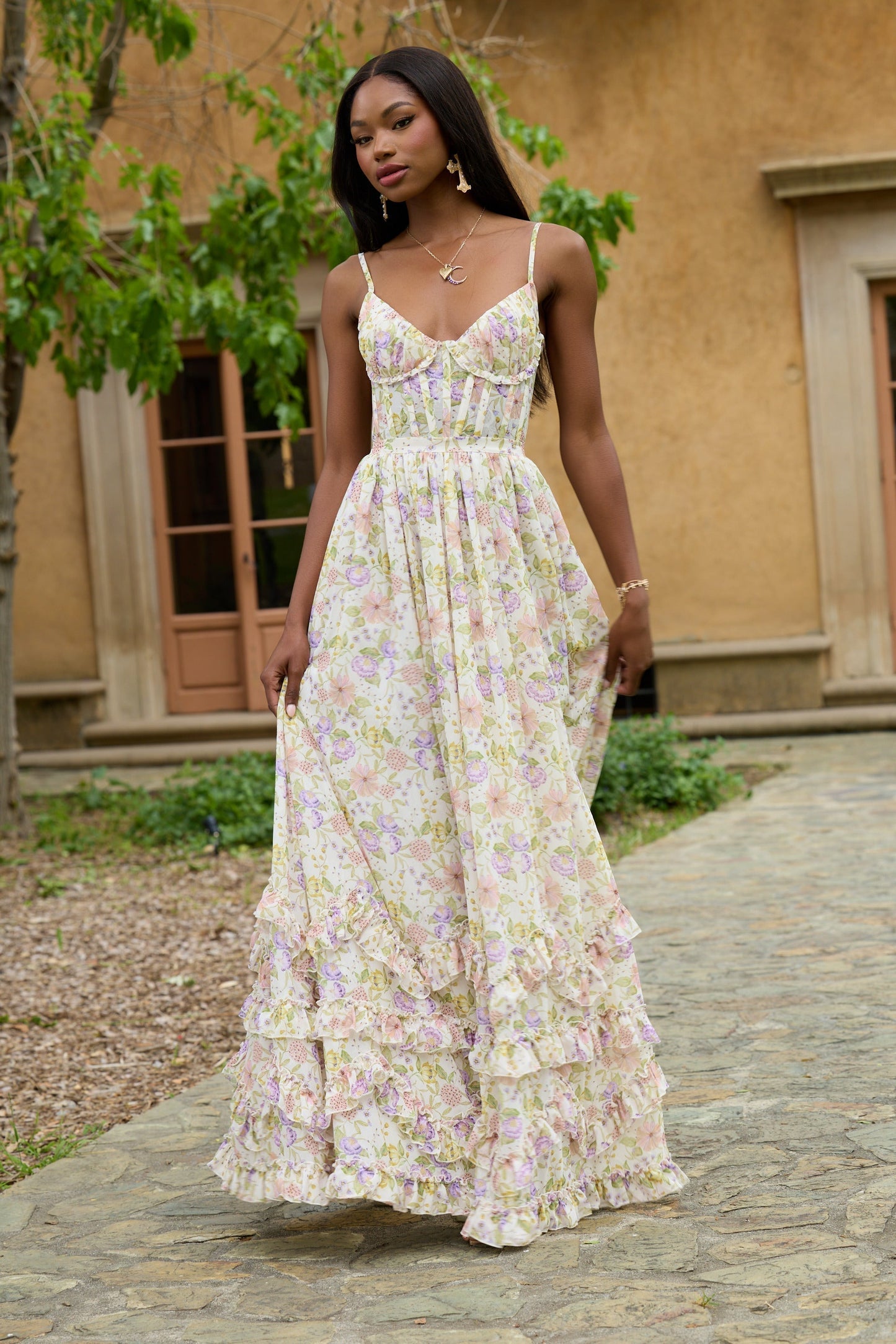 Women's Floral Corset Spaghetti Strap Ruffle Hem Side Slit Maxi Dress - product image 42