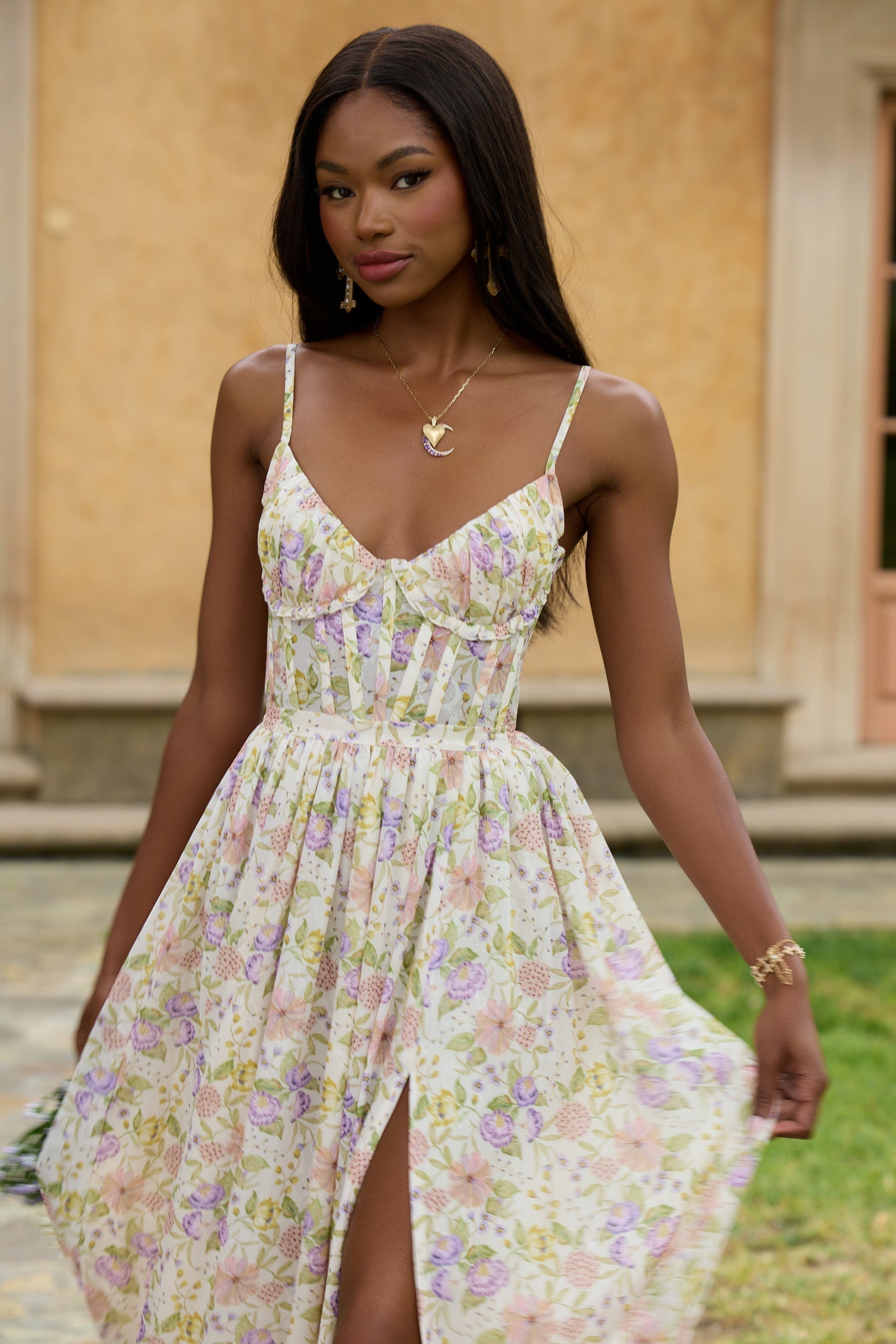 Women's Floral Corset Spaghetti Strap Ruffle Hem Side Slit Maxi Dress - product image 44