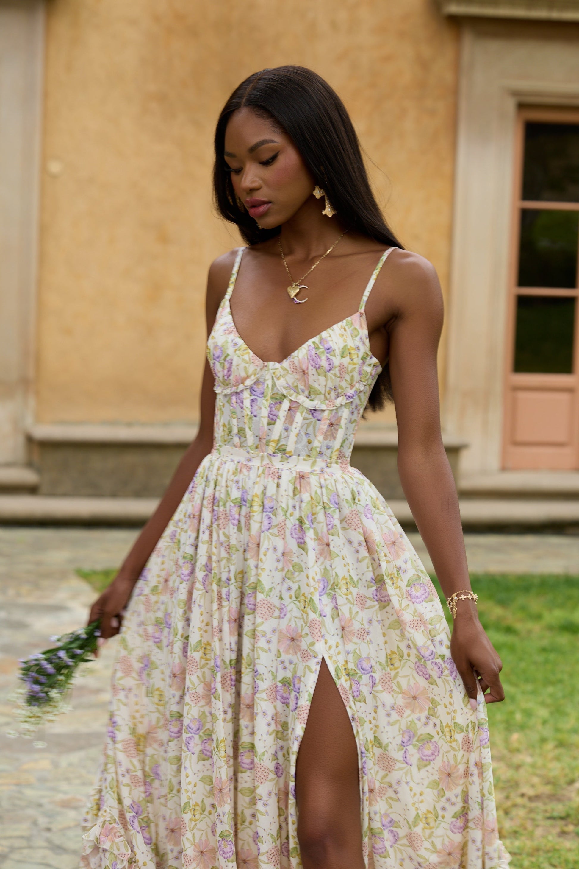 Women's Floral Corset Spaghetti Strap Ruffle Hem Side Slit Maxi Dress - product image 45