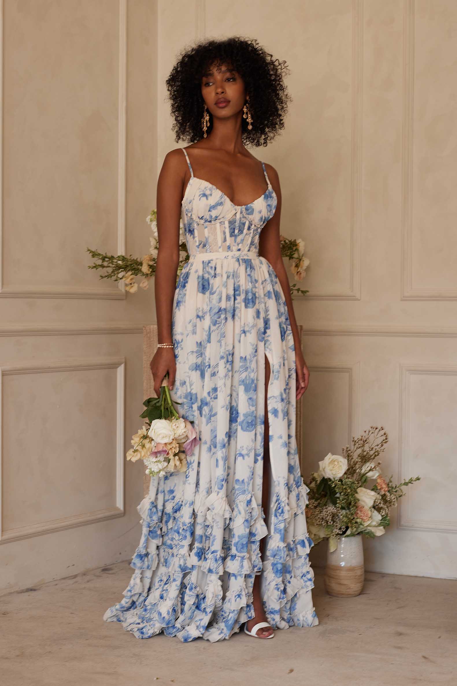 Women's Floral Corset Spaghetti Strap Ruffle Hem Side Slit Maxi Dress - product image 5