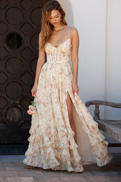 Women's Floral Corset Spaghetti Strap Ruffle Hem Side Slit Maxi Dress - product image 52
