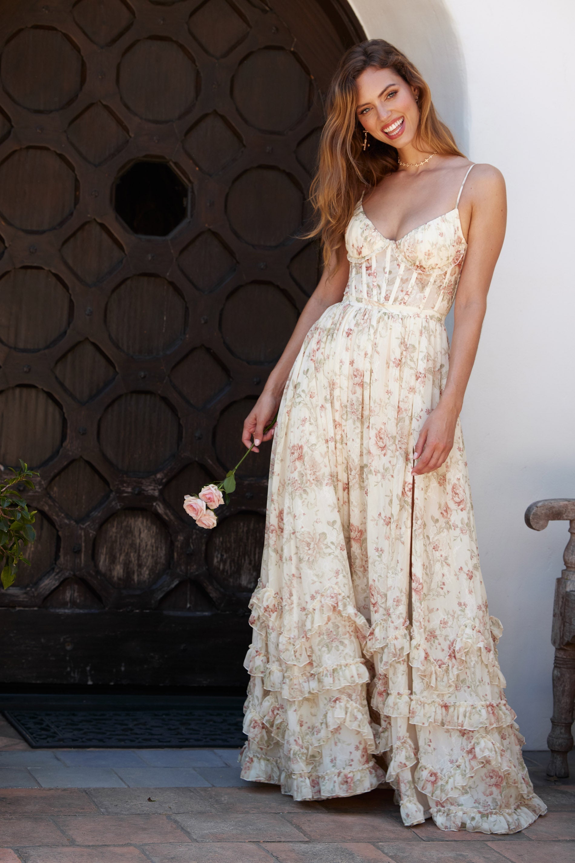 Women's Floral Corset Spaghetti Strap Ruffle Hem Side Slit Maxi Dress - product image 56