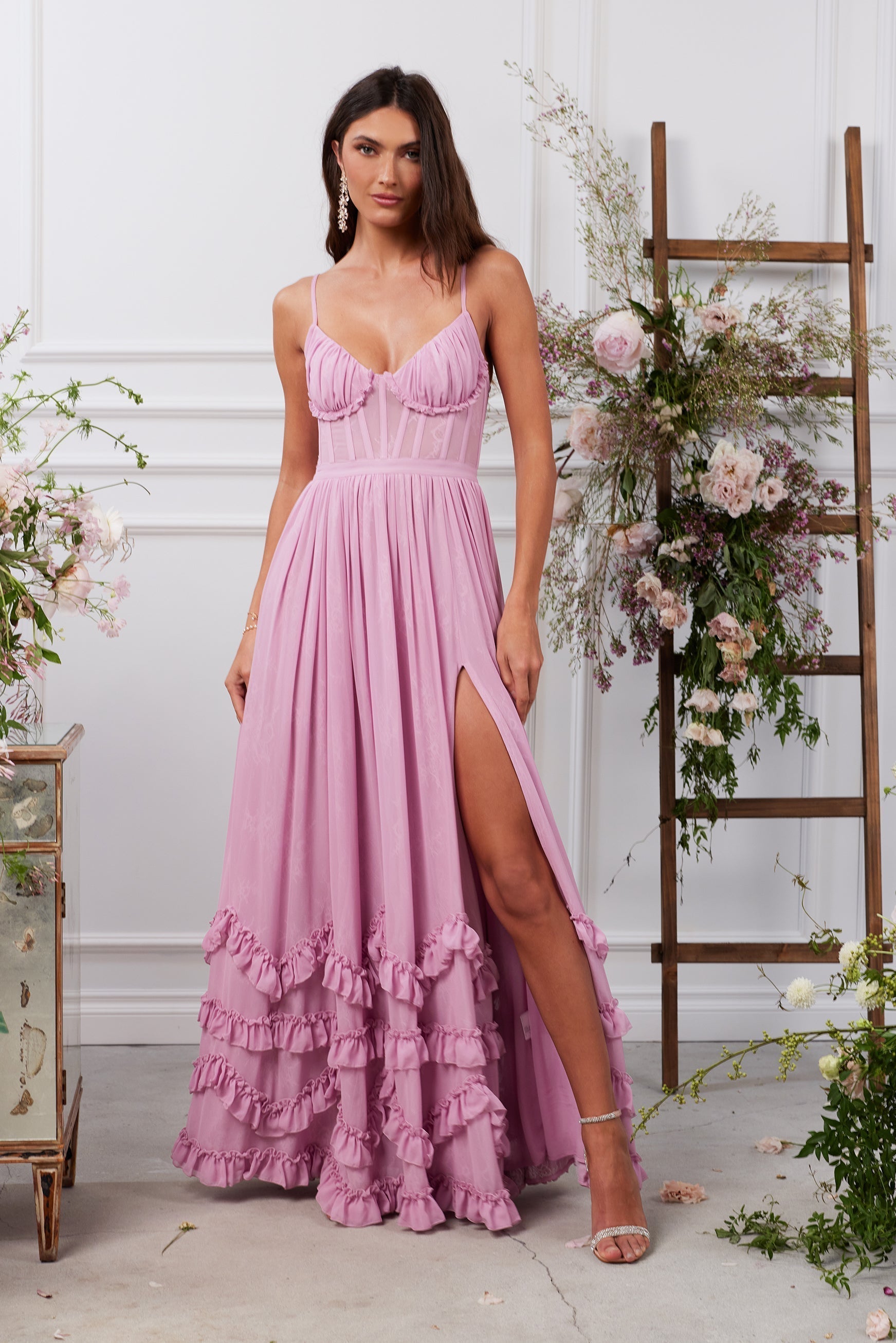 Women's Floral Corset Spaghetti Strap Ruffle Hem Side Slit Maxi Dress - product image 57