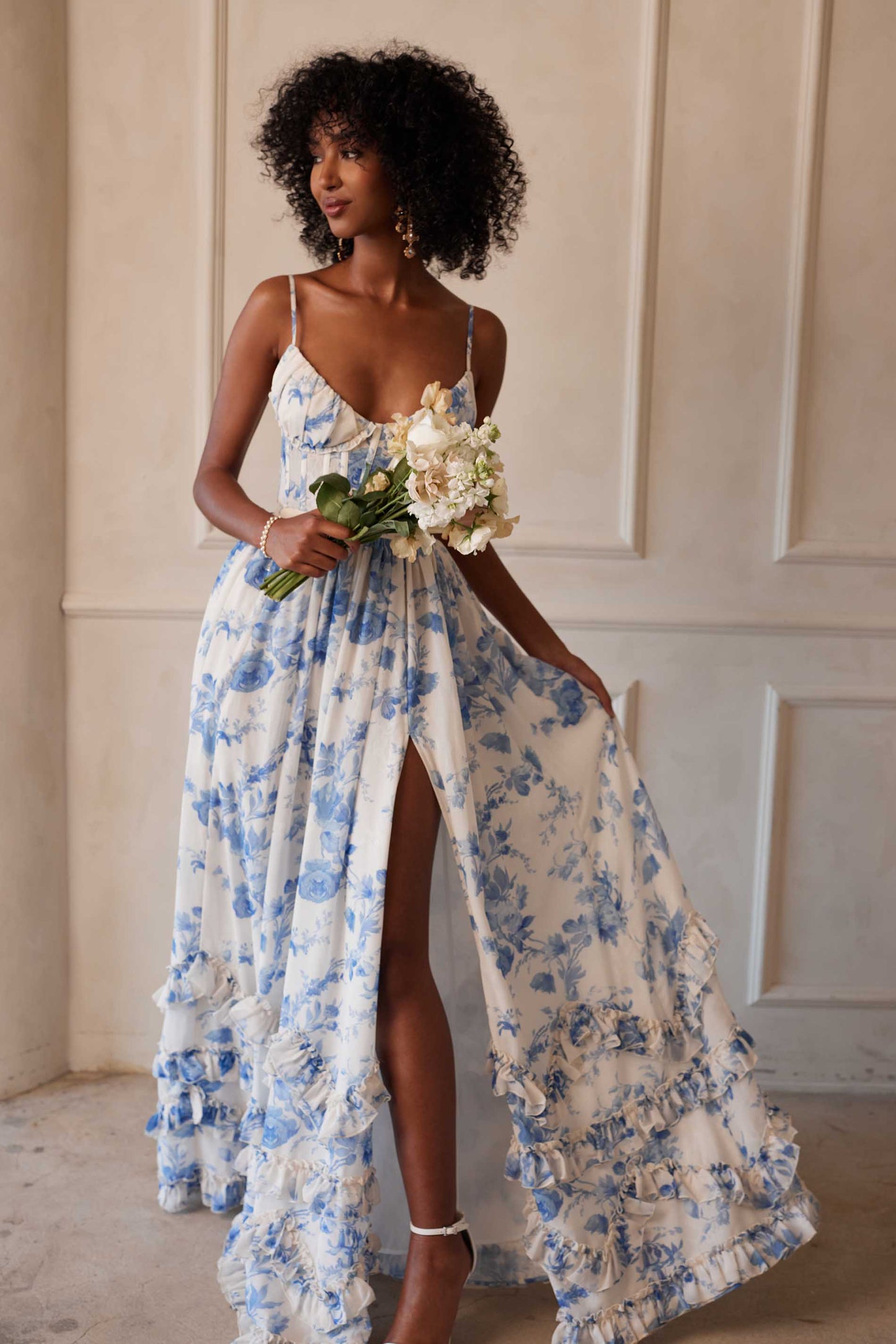 Women's Floral Corset Spaghetti Strap Ruffle Hem Side Slit Maxi Dress - product image 7