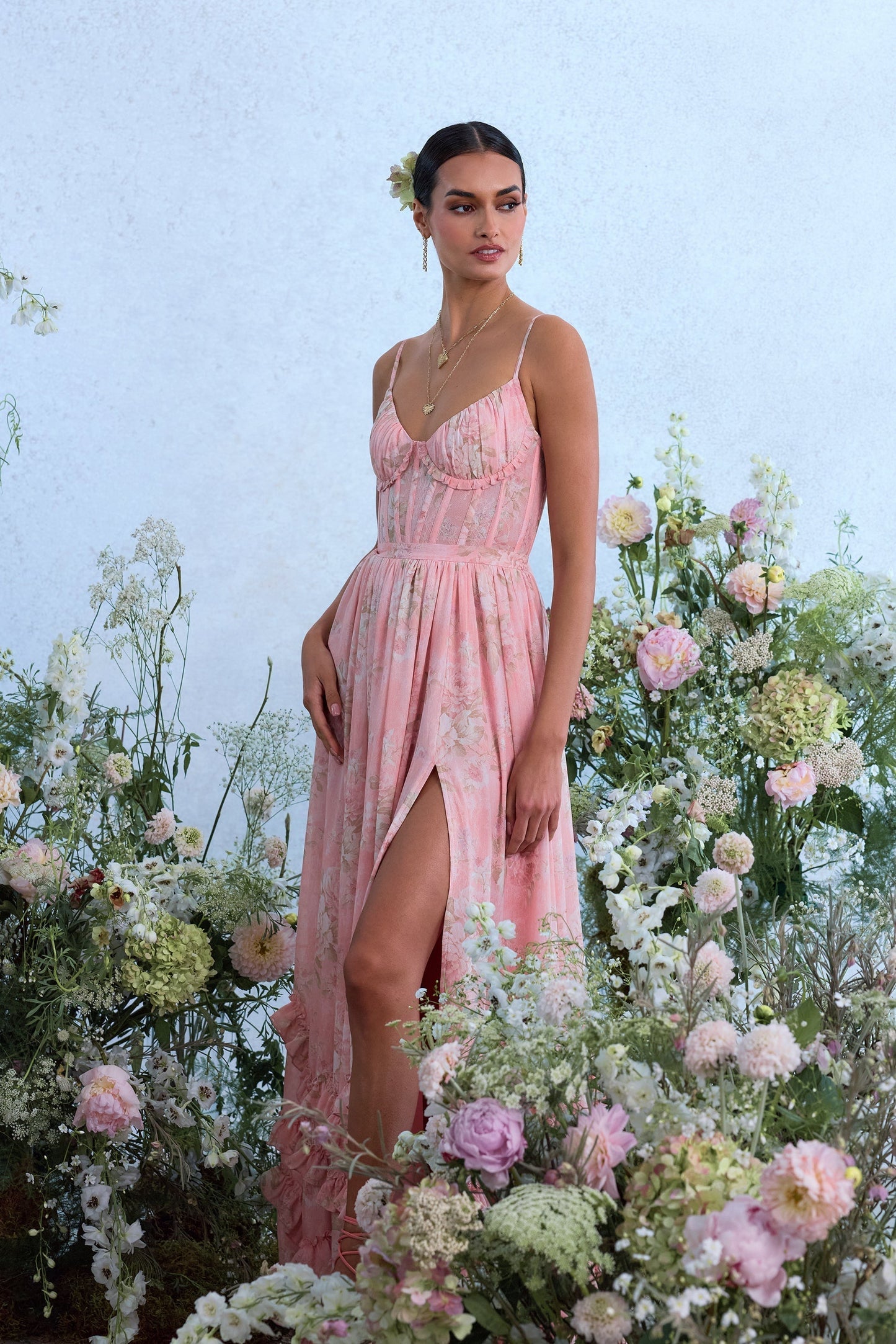 Women's Floral Corset Spaghetti Strap Ruffle Hem Side Slit Maxi Dress - product image 8