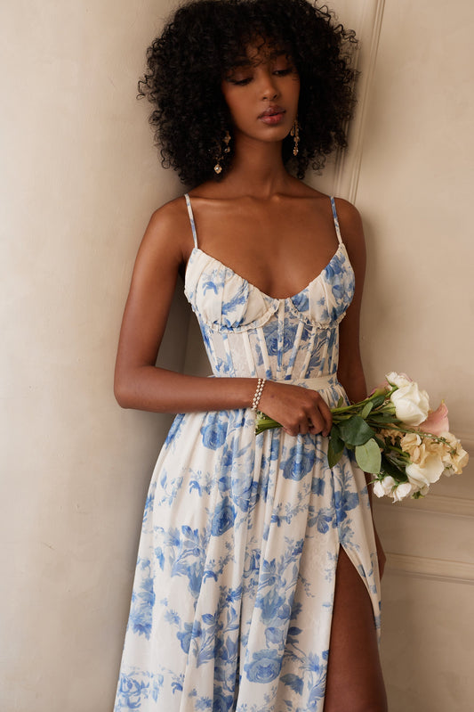 Women's Floral Corset Spaghetti Strap Ruffle Hem Side Slit Maxi Dress - product image 1