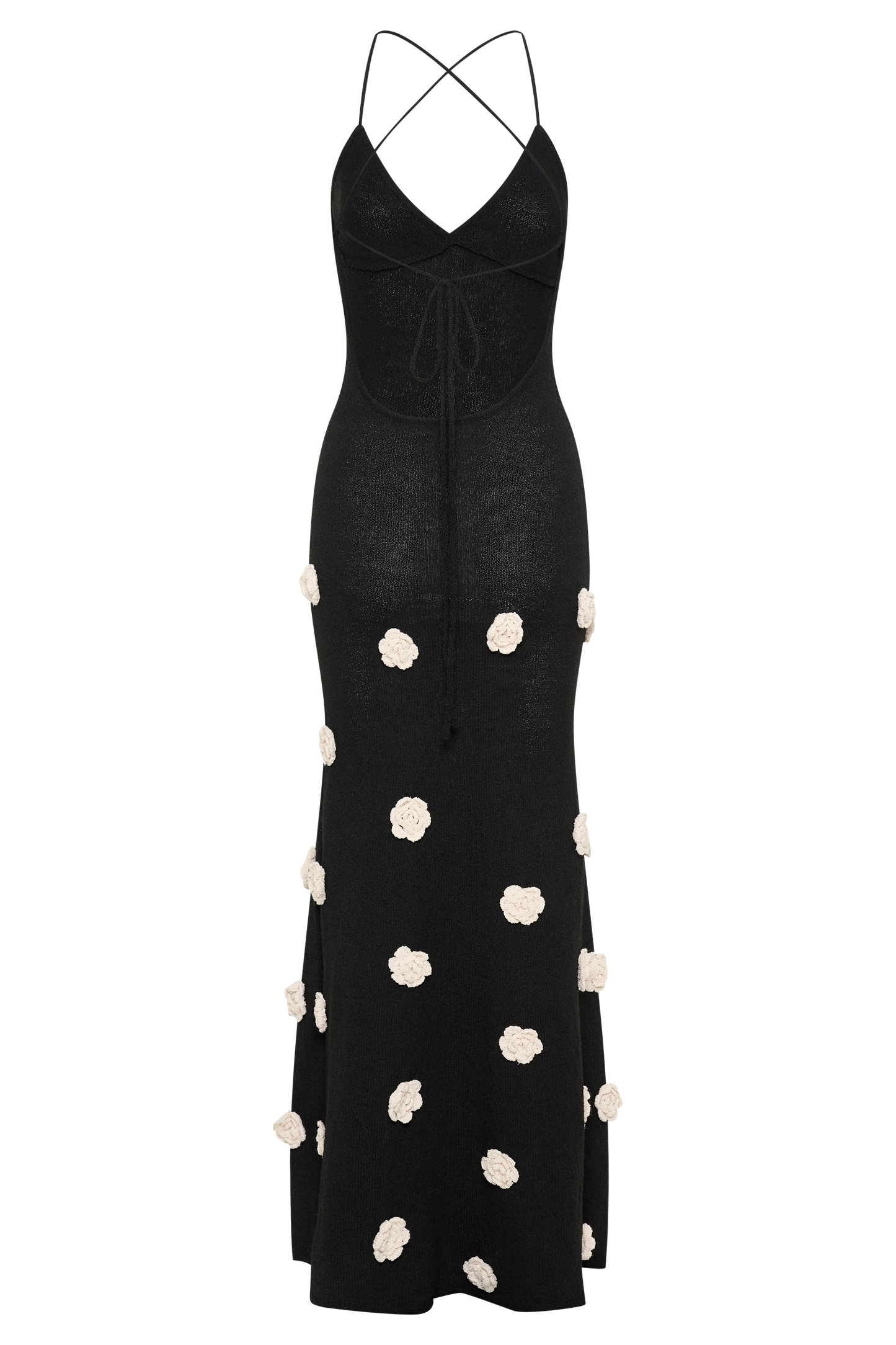 Full ghost mannequin view of black floral crochet v-neck maxi dress with criss-cross back straps