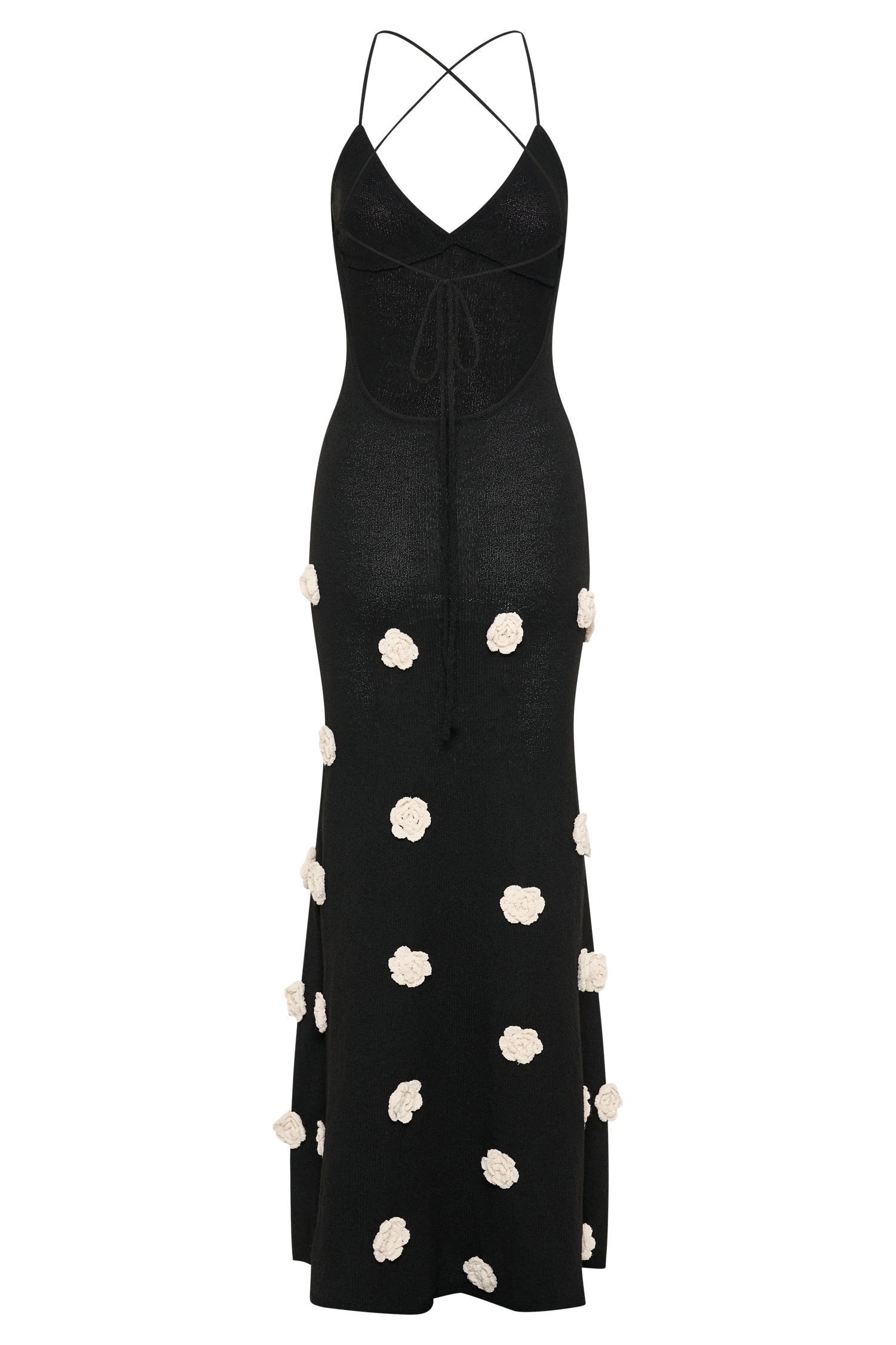 Full ghost mannequin view of black floral crochet v-neck maxi dress with criss-cross back straps