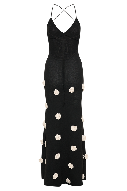 Full ghost mannequin view of black floral crochet v-neck maxi dress with criss-cross back straps