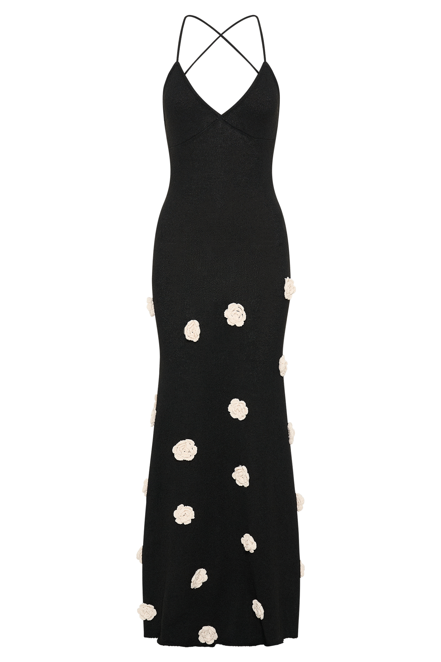 Ghost mannequin front view of the black floral crochet maxi dress, showcasing the full length
