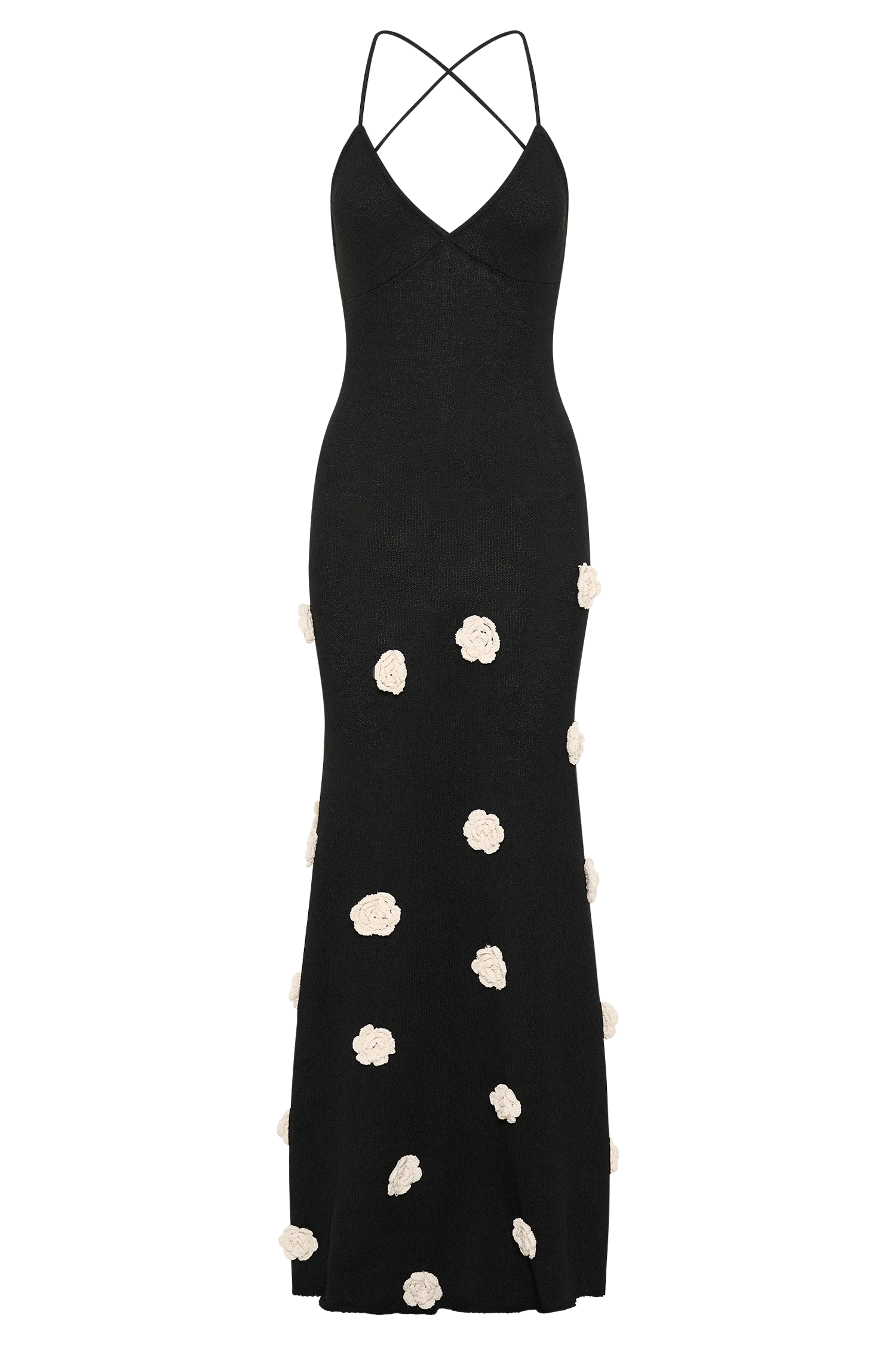 Ghost mannequin front view of the black floral crochet maxi dress, showcasing the full length