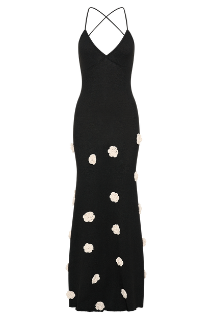 Ghost mannequin front view of the black floral crochet maxi dress, showcasing the full length