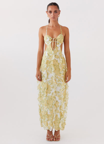 Studio shot of women's floral cut out ruffle tie front maxi dress, front view, highlighting the tie-front bodice.