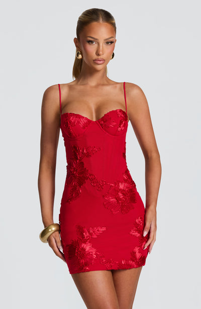 Front view of a vibrant red floral embroidered corset tie-back mini dress, ideal for an elegant wedding guest dress.