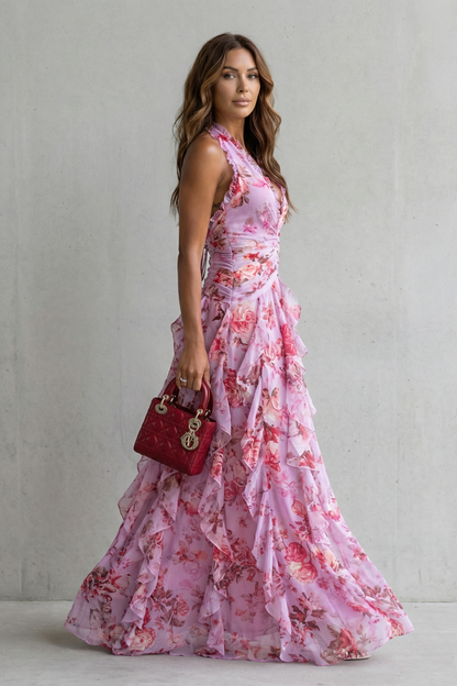 Side profile of a woman in a flowy purple floral maxi dress featuring a halter neckline and ruffled skirt.