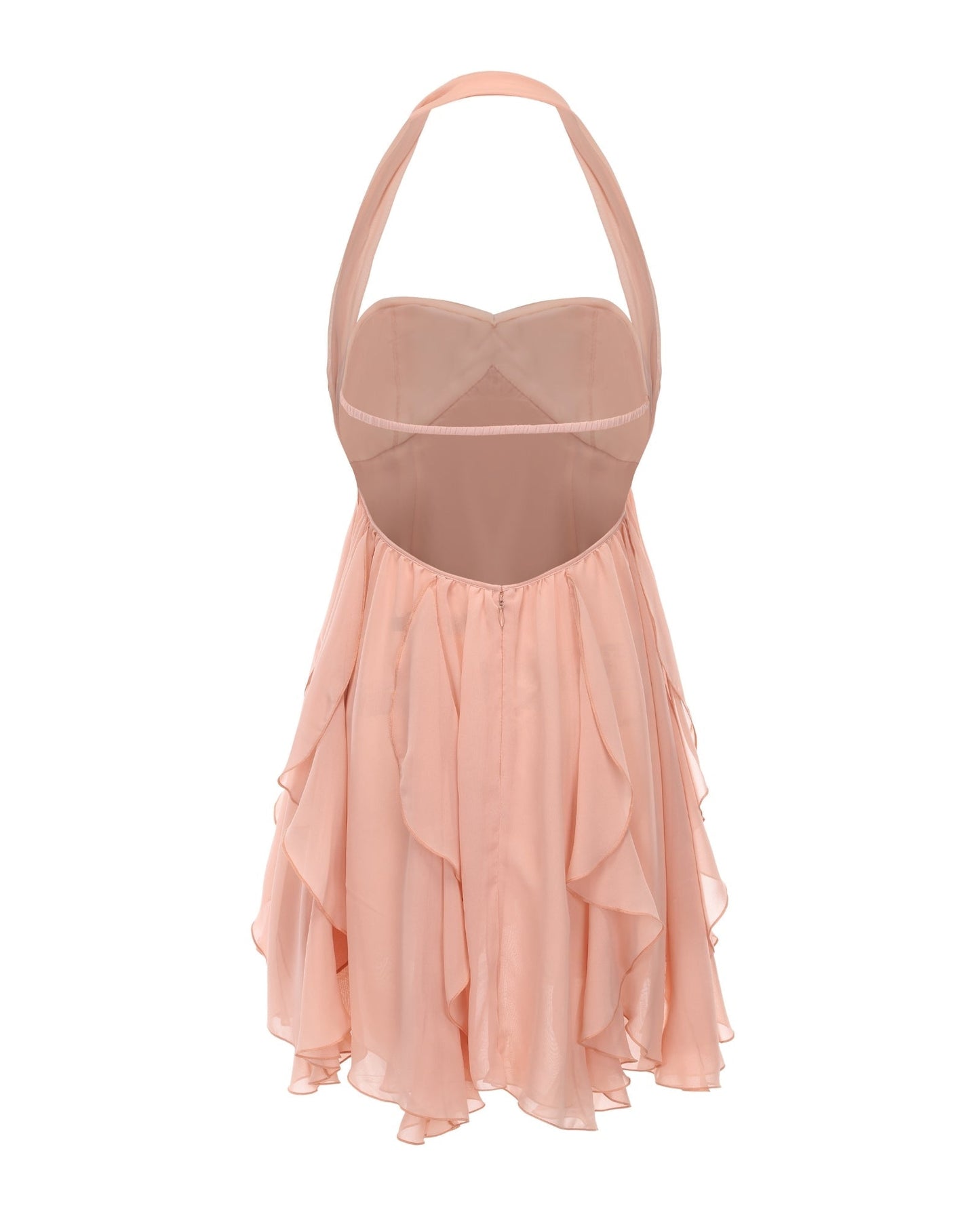 Back view of women's pink halter neck tiered mini dress, showing the open back, adjustable straps, and ruffled hem.