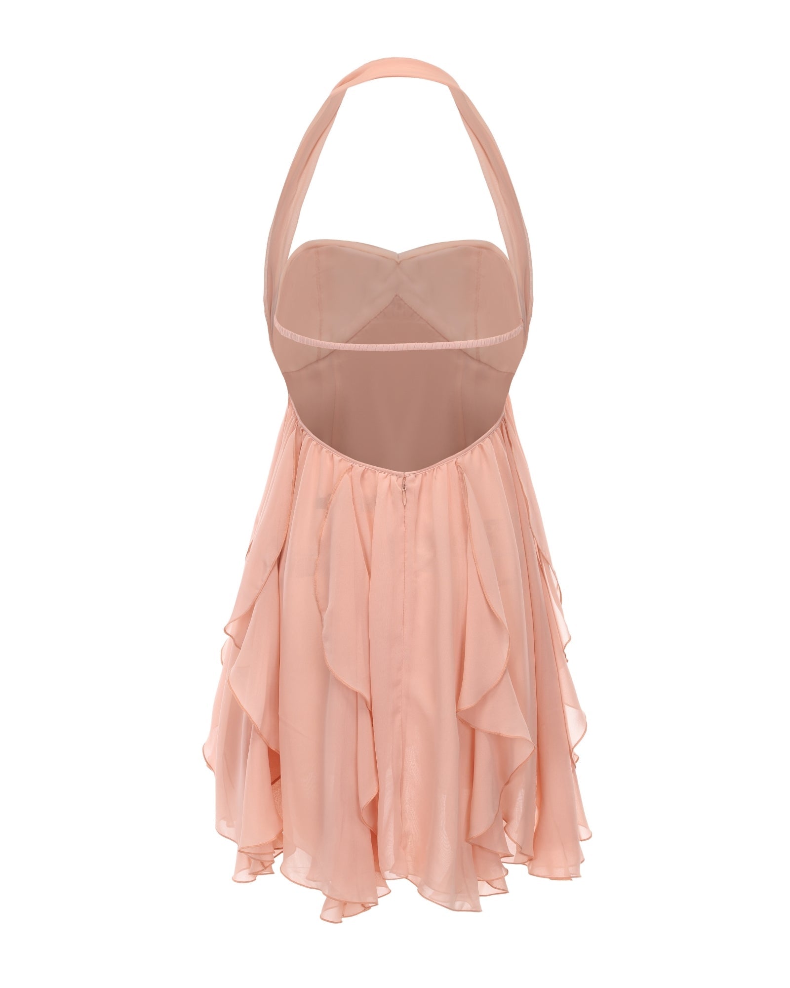 Back view of women's pink halter neck tiered mini dress, showing the open back, adjustable straps, and ruffled hem.