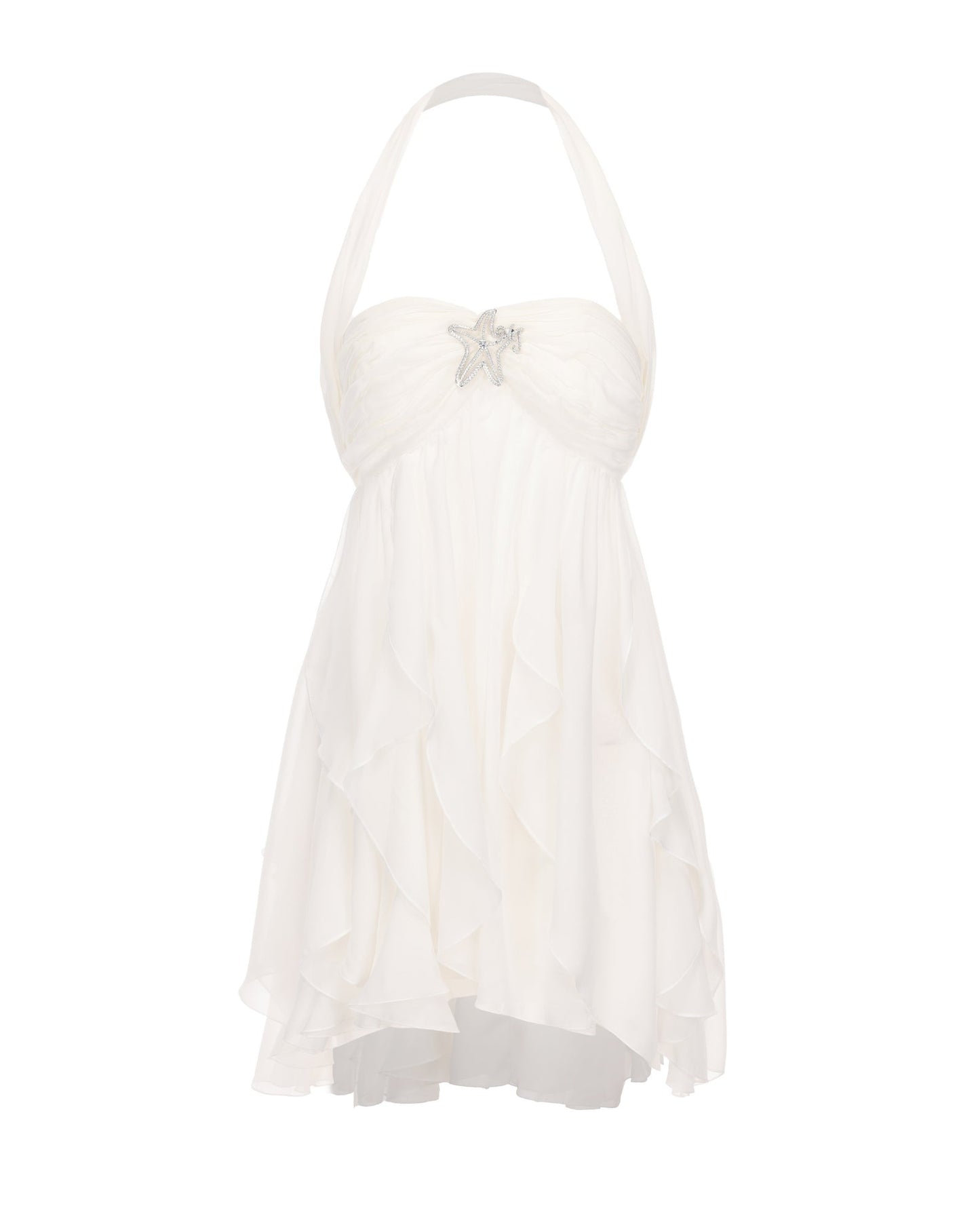 Front view of a white halter neck mini dress with a ruched bodice and a silver star charm, featuring a tiered skirt.