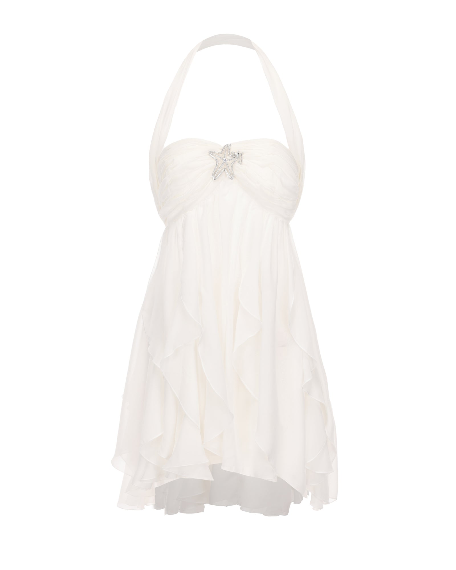 Front view of a white halter neck mini dress with a ruched bodice and a silver star charm, featuring a tiered skirt.