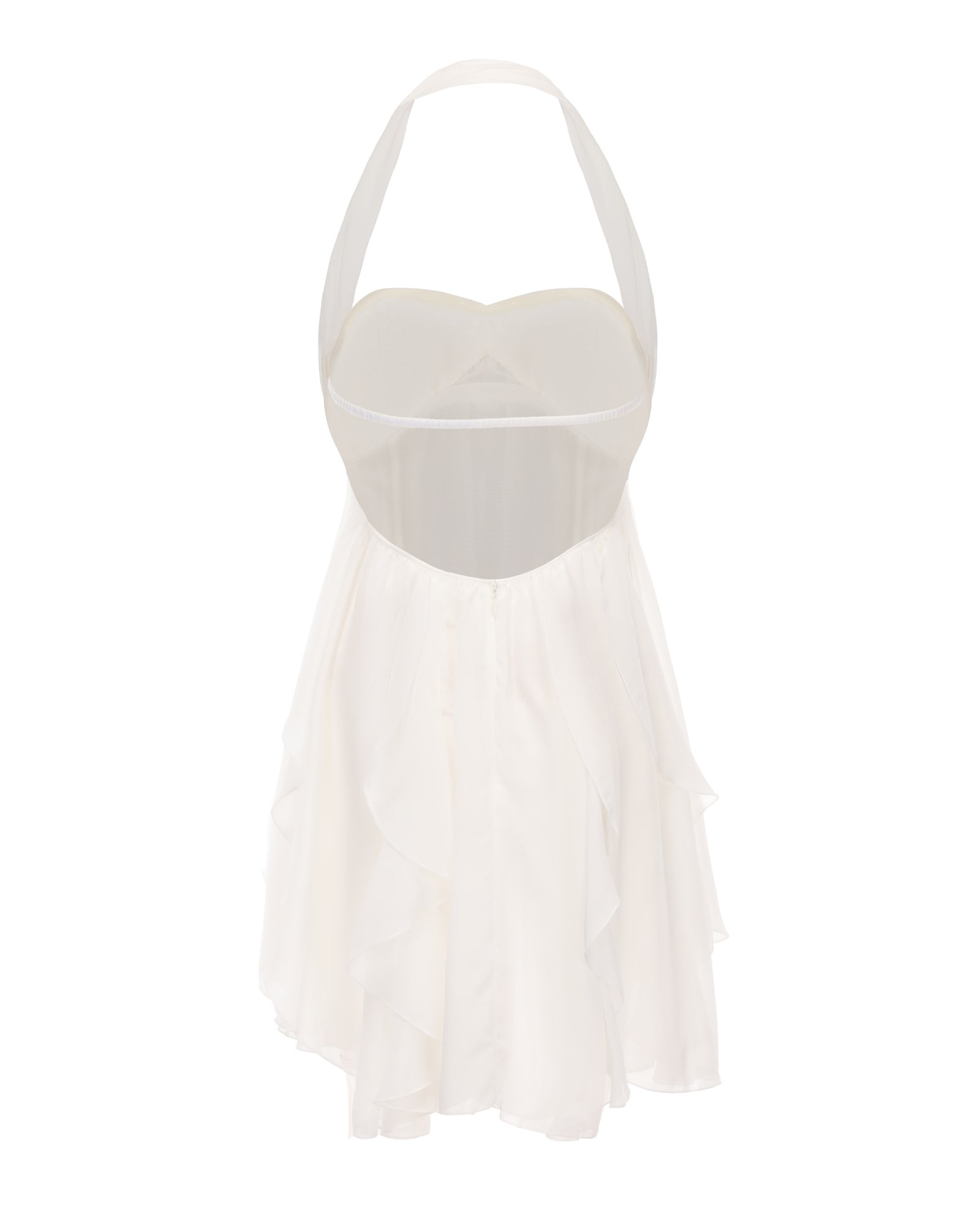 Back view of a white halter neck mini dress with an open back and ruffled tiered skirt detail.