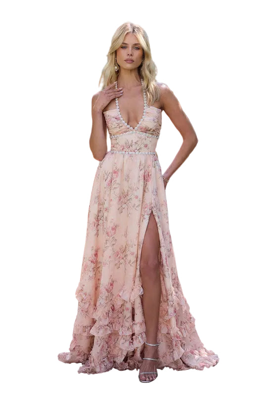 Peach tapestry floral maxi dress with embellished halter straps, thigh slit and layered ruffle skirt