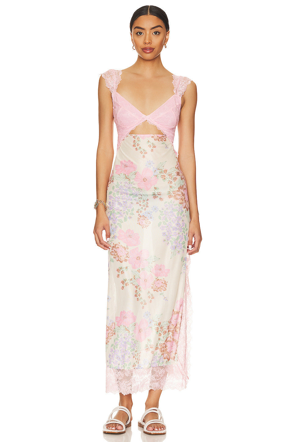 Front view of a women's floral lace cut out back maxi dress in pink and cream with large floral print, perfect for vacation dresses.