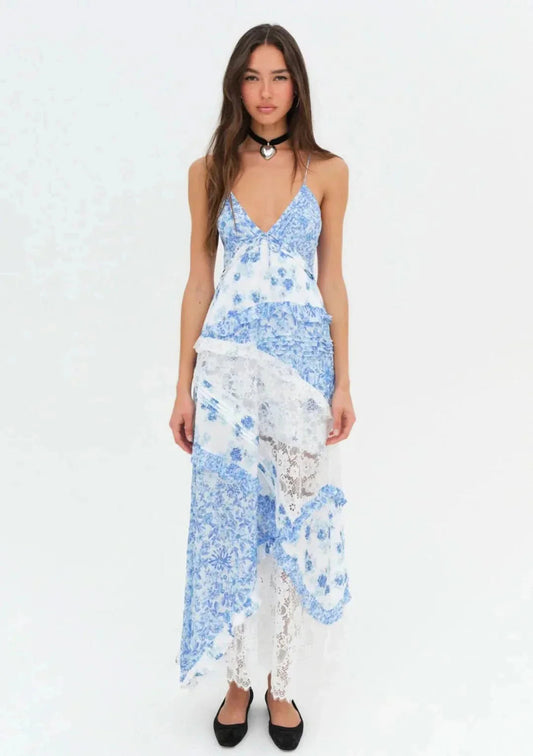 Women's floral lace V-neck criss-cross back maxi dress in blue and white print with ruffled details