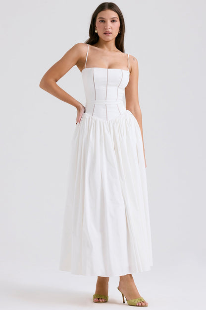 Front view of a white square neck midi dress, featuring a fitted bodice and a flowing A-line skirt, ideal for various occasions.