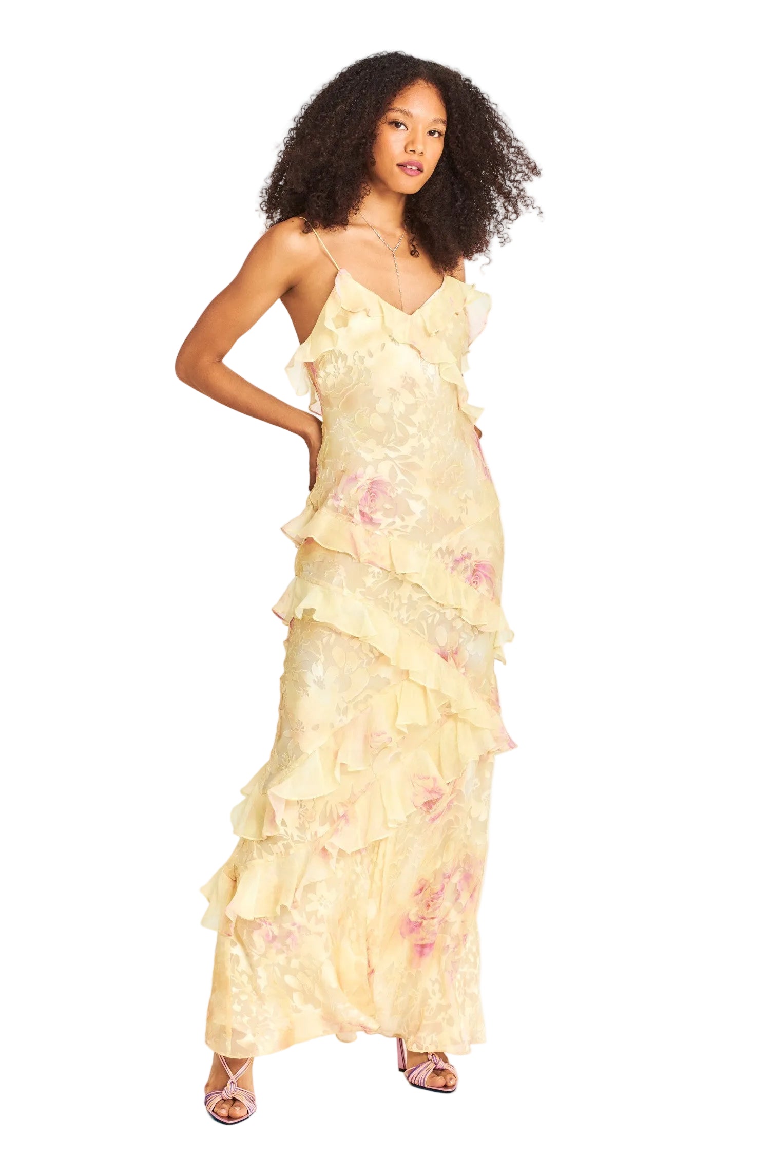 Full length front view of the light yellow floral ruffle strap maxi dress, showcasing the elegant design and flowy fabric.