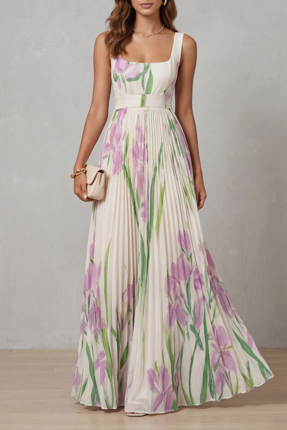Elegant white floral maxi dress with purple iris print, square neckline, and pleated skirt, perfect for wedding guests.
