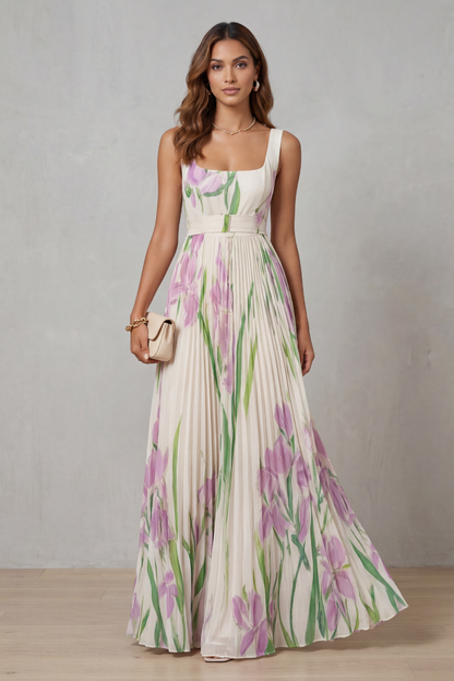 Front view of a women's white floral square neck maxi dress featuring a pleated skirt and purple iris pattern.