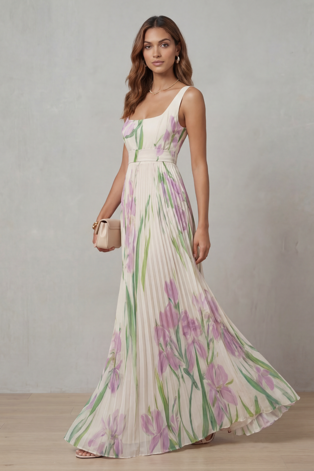 Side view of a flowing white floral maxi dress with a square neckline, pleated skirt, and purple iris print, ideal for vacation outfits.