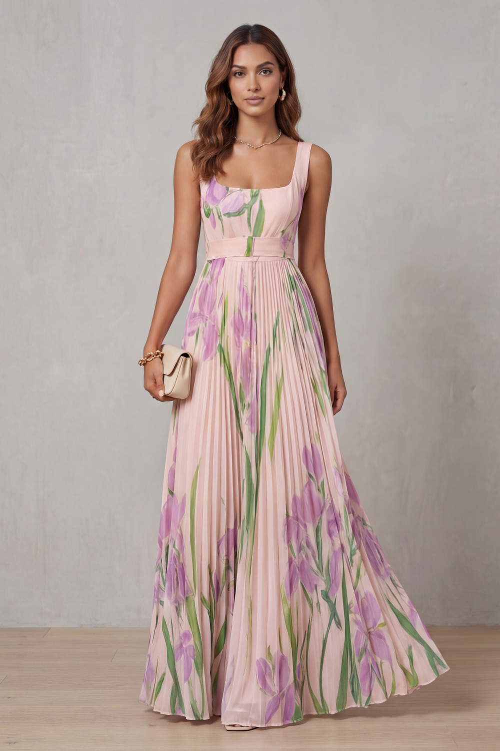 Full view of a women's elegant pink floral square neck maxi dress with a pleated skirt, perfect for wedding guests.