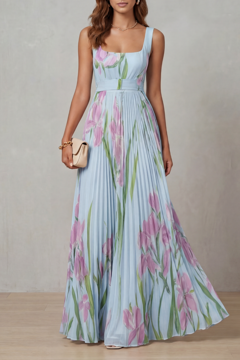 Front view of a women's light blue floral square neck maxi dress with pleated skirt, a beautiful vacation dress.