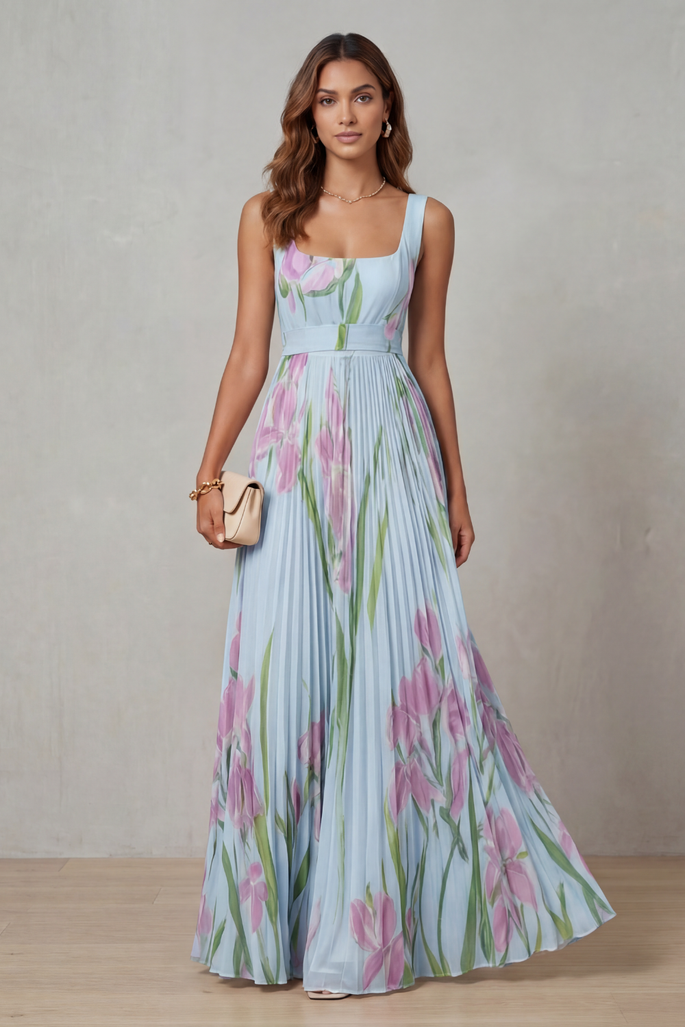 Full view of a women's light blue floral square neck maxi dress with pleated skirt, an elegant dress for wedding guests.