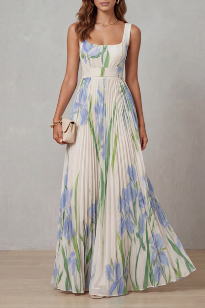 Front view of a women's white floral square neck maxi dress with blue and green accents, perfect for wedding guests.