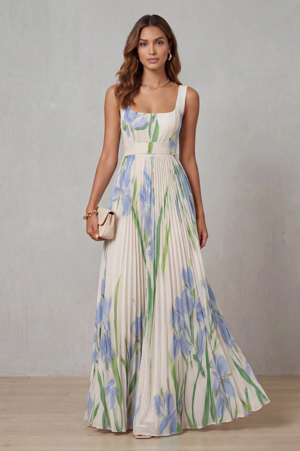 Full view of a women's white floral square neck maxi dress with blue and green accents, an elegant wedding guest dress.
