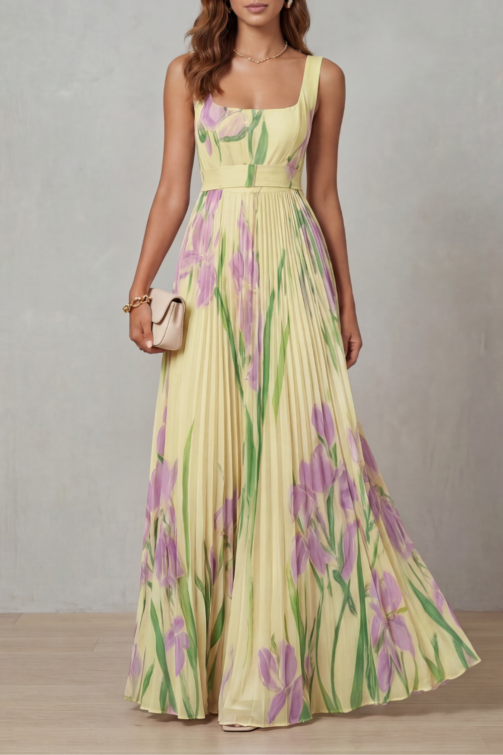 Front view of a women's yellow floral square neck maxi dress with pleated skirt, a vibrant vacation dress.