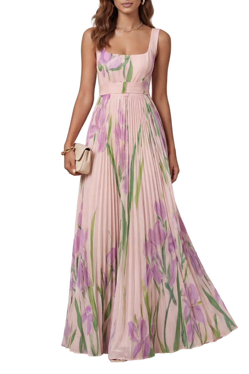 Front view of a women's pink floral square neck maxi dress with pleated skirt, ideal for wedding guests.
