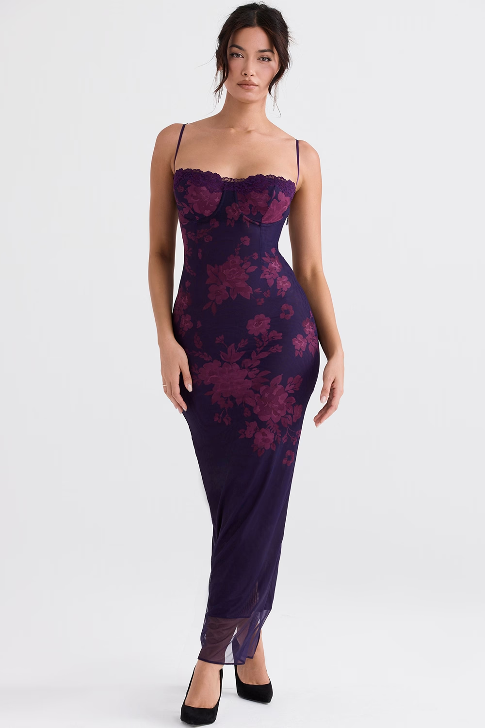 Deep purple floral sweetheart spaghetti strap maxi dress, fitted bodycon silhouette, front view